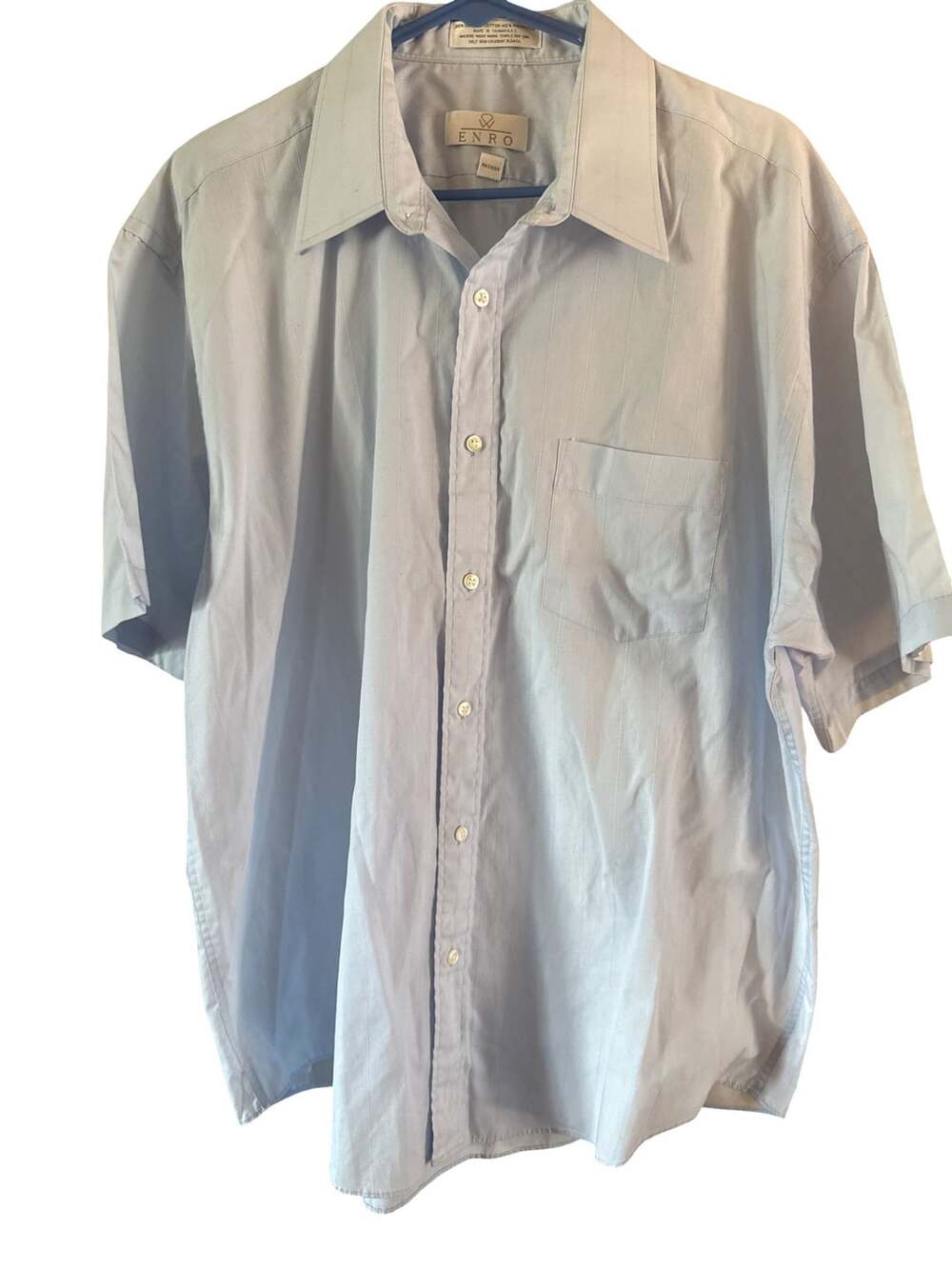 Enro Button Up Shirt Size 17 1/2 Light Blue Striped Short Sleeve